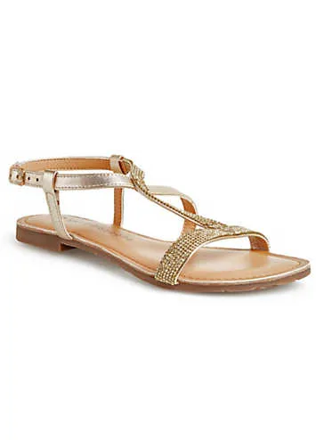 Wide Fitting Gold Diamante Leather Sandals by Kaleidoscope | Look Again