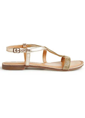 Wide Fitting Gold Diamante Leather Sandals by Kaleidoscope | Look Again