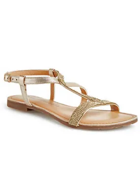 Wide Fitting Gold Diamante Leather Sandals by Kaleidoscope | Look Again