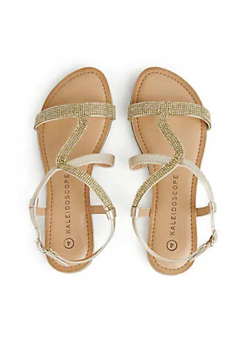 Wide Fitting Gold Diamante Leather Sandals by Kaleidoscope | Look Again