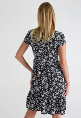 Womens Black Floral Ruffle Hem Dress