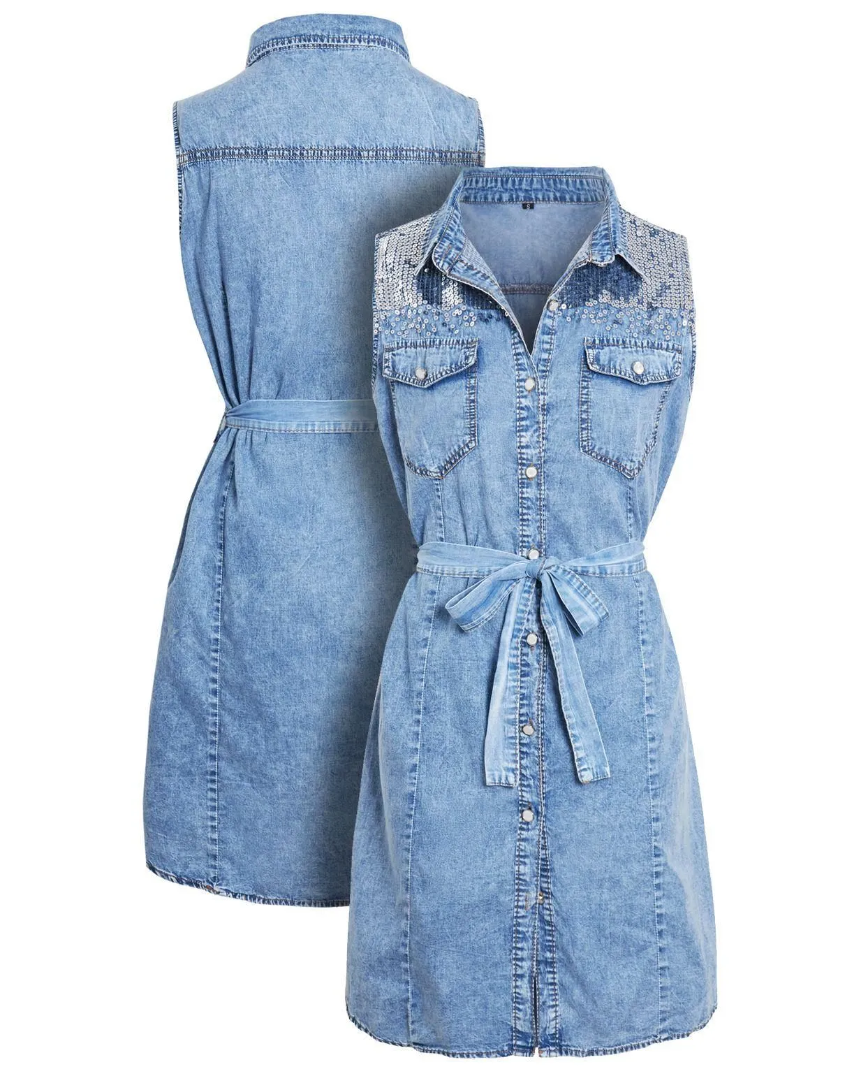 Womens sleeveless Denim Shirt Dress with Sequins, UK Sizes 8 to 16