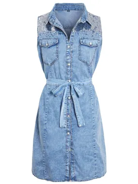 Womens sleeveless Denim Shirt Dress with Sequins, UK Sizes 8 to 16